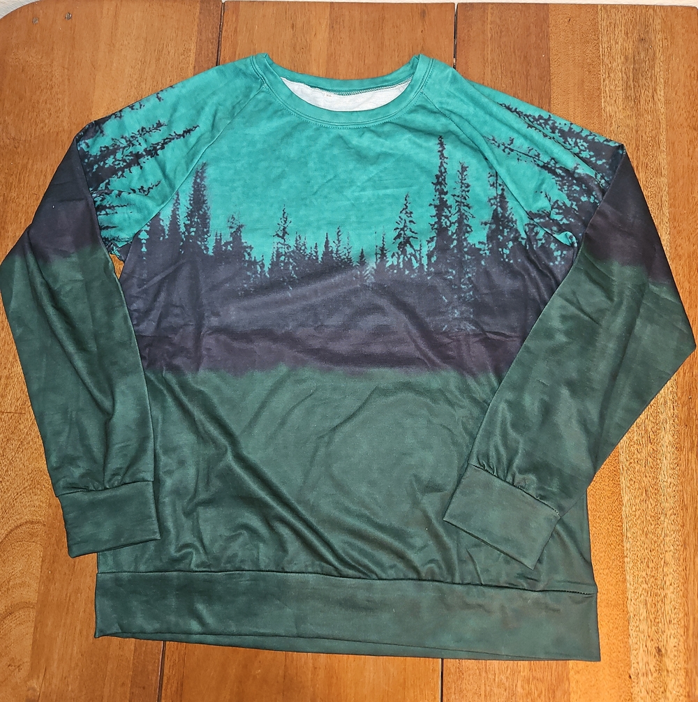 Men's Teal and Forest Green Graphic Crewneck Long Sleeve Top